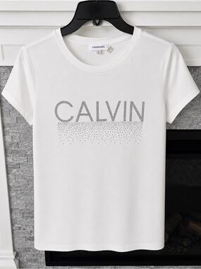 Top Calvin Klein Exercise Tee Women’s White Silver Sparkle Crystal Logo Athletic